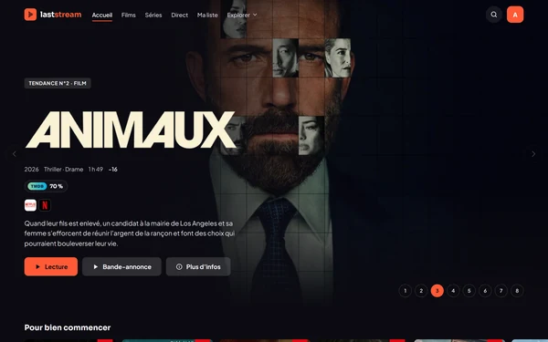 Accueil de Laststream avec une grande affiche à la une.