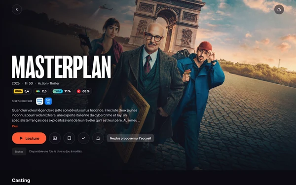 Fiche d'un titre avec synopsis, notes et bouton Lecture.