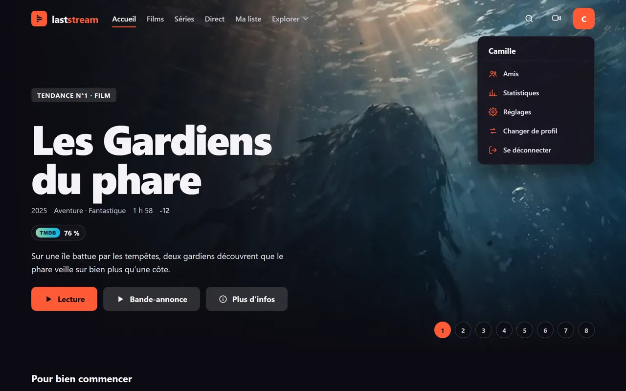Menu ouvert depuis l'avatar en haut à droite&nbsp;: l'entrée «&nbsp;Changer de profil&nbsp;» se trouve entre «&nbsp;Réglages&nbsp;» et «&nbsp;Se déconnecter&nbsp;».