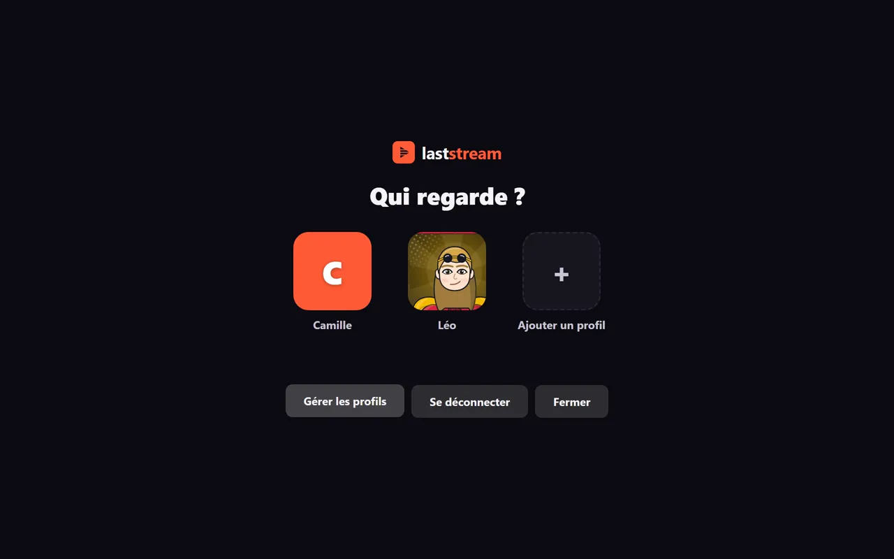 Écran «&nbsp;Qui regarde&nbsp;?&nbsp;» où le nouveau profil Léo apparaît à côté de Camille, avec son avatar.