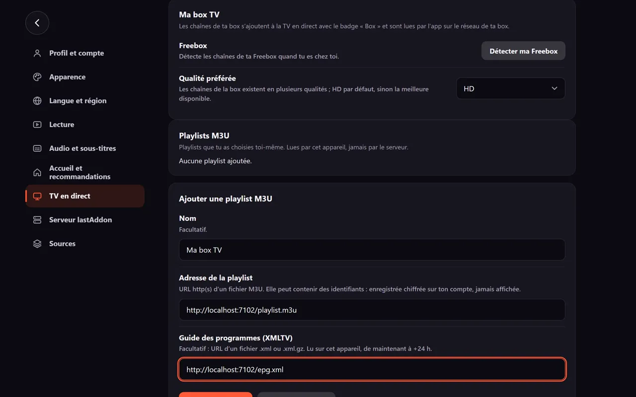 Formulaire «&nbsp;Ajouter une playlist M3U&nbsp;» rempli&nbsp;: nom «&nbsp;Ma box TV&nbsp;», adresse de la playlist en .m3u et adresse du guide des programmes en .xml.